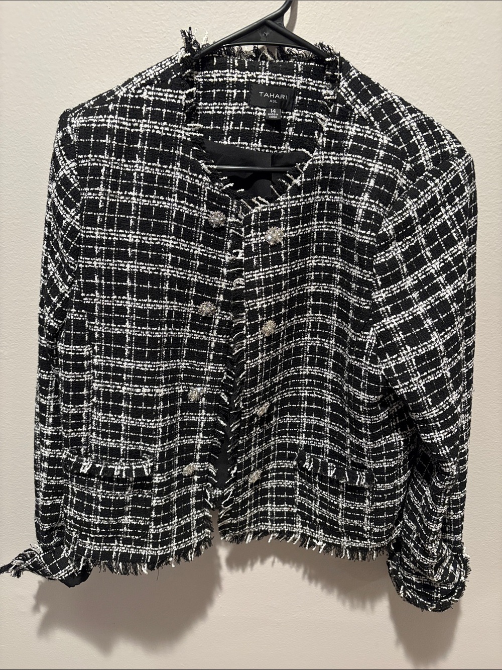 Tahari Black and White Bouclé Fringe Jacket